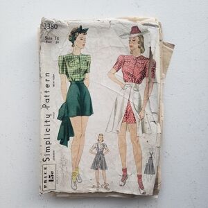 1930s Vintage 34" Bust Simplicty 3380 Short Suspender Skirt Top Sewing Pattern